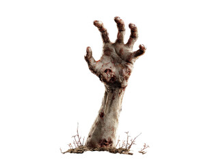 Bloody decaying zombie arm and hand with rotting flesh and open wounds reaching up from the dirt and grave.