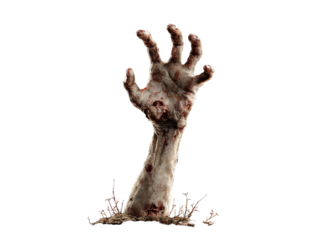 Bloody decaying zombie arm and hand with rotting flesh and open wounds reaching up from the dirt and grave.