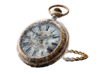 A forgotten antique pocket watch with a tarnished gold case and weathered face completely entangled in old dusty cobwebs.