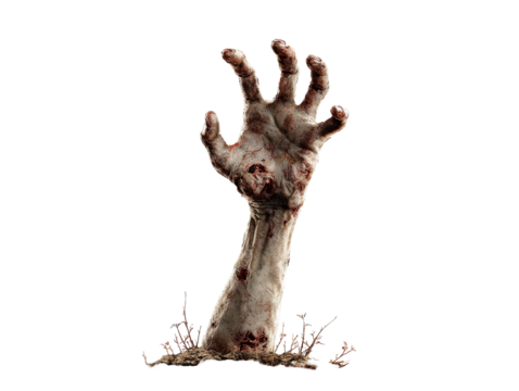 Bloody decaying zombie arm and hand with rotting flesh and open wounds reaching up from the dirt and grave.