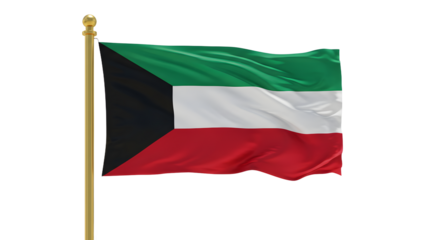 Waving flag of Kuwait on flagpole isolated on black background, national symbol and patriotism, perfect for Independence Day celebrations
