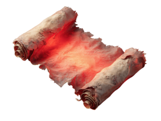 Ancient tattered scroll of weathered parchment glowing with a mysterious fiery red light.