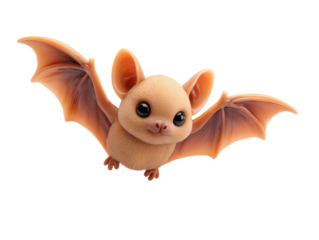 Charming light brown bat with large black eyes and leathery wings in flight.