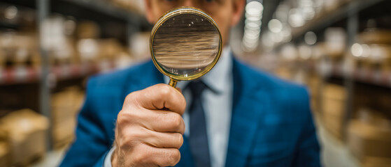 Businessman examining details with a magnifying glass in a warehouse setting.