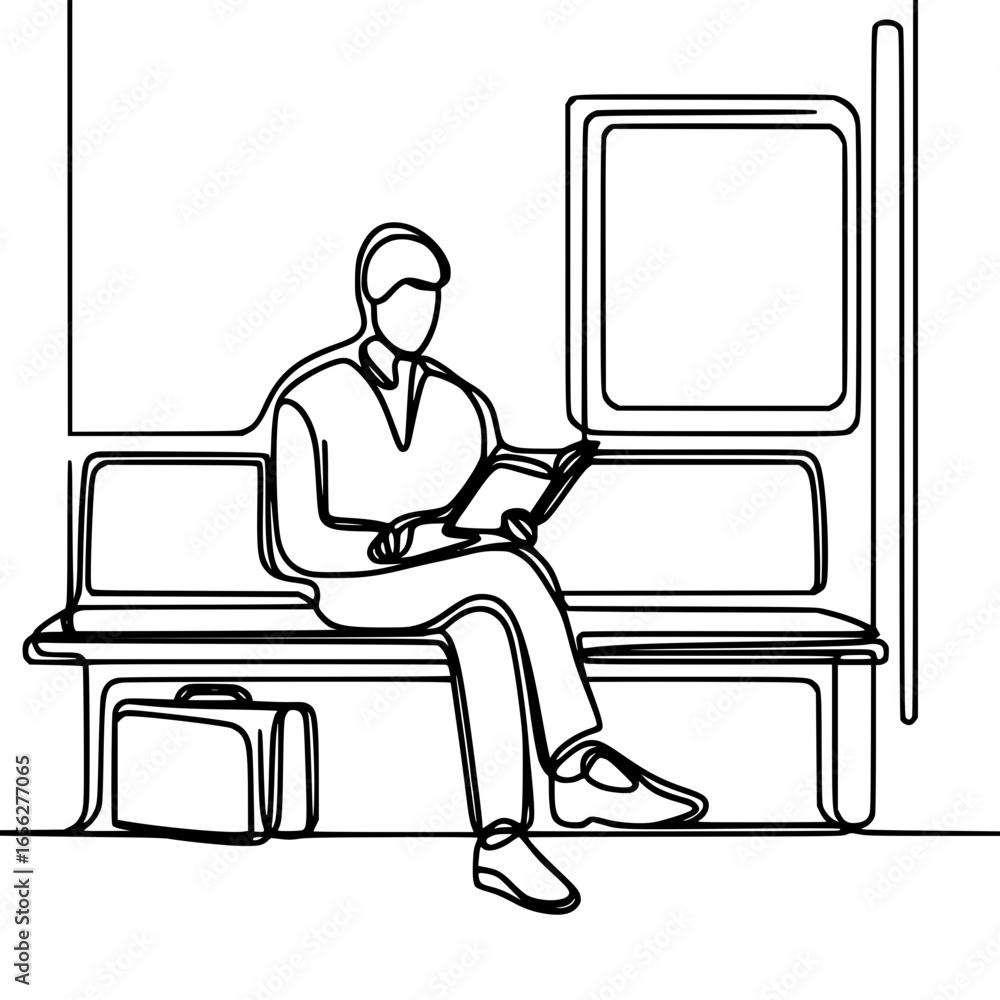 Poster man reading a book while sitting on a subway bench, concept of single line outline vector