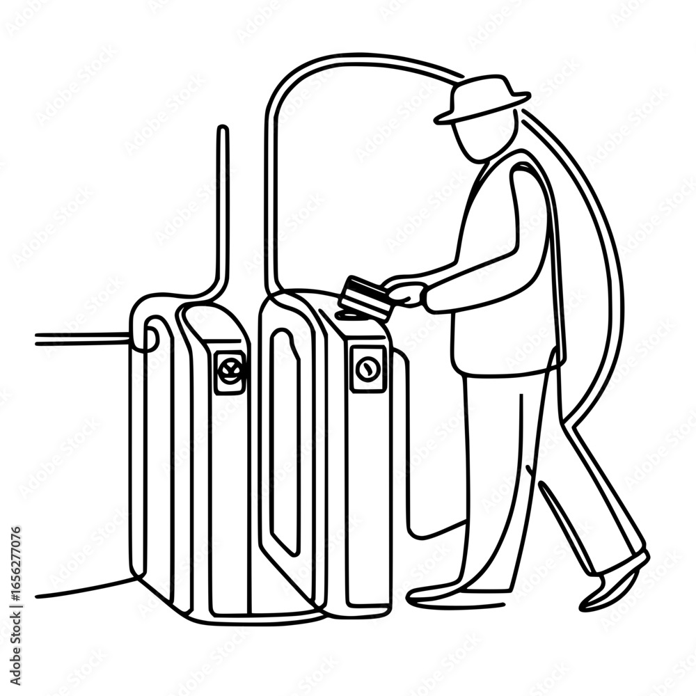 Poster man using ticket machine while passing through turnstile in subway - concept of single line outline 