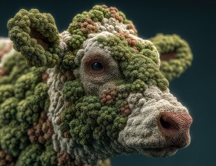 Close-up of a cow's head, covered in a textured, bio-organic, moss-like growth
