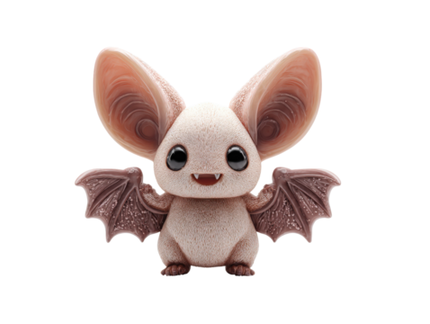 Adorable baby bat figurine with oversized pink ears glossy black eyes and tiny fangs.