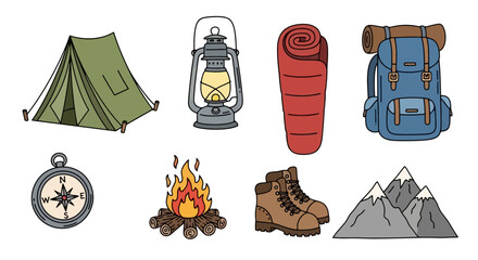 Camping Adventure Icons Collection Showcasing Essential Outdoor Gear for Hiking, Backpacking, and Nature Exploration, Ideal for Travel Guides and Recreational Designs.