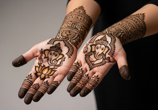 Close-up of a woman's hands beautifully decorated with traditional Indian mehndi (henna), featuring intricate Ganesha motifs and a lotus flower design.