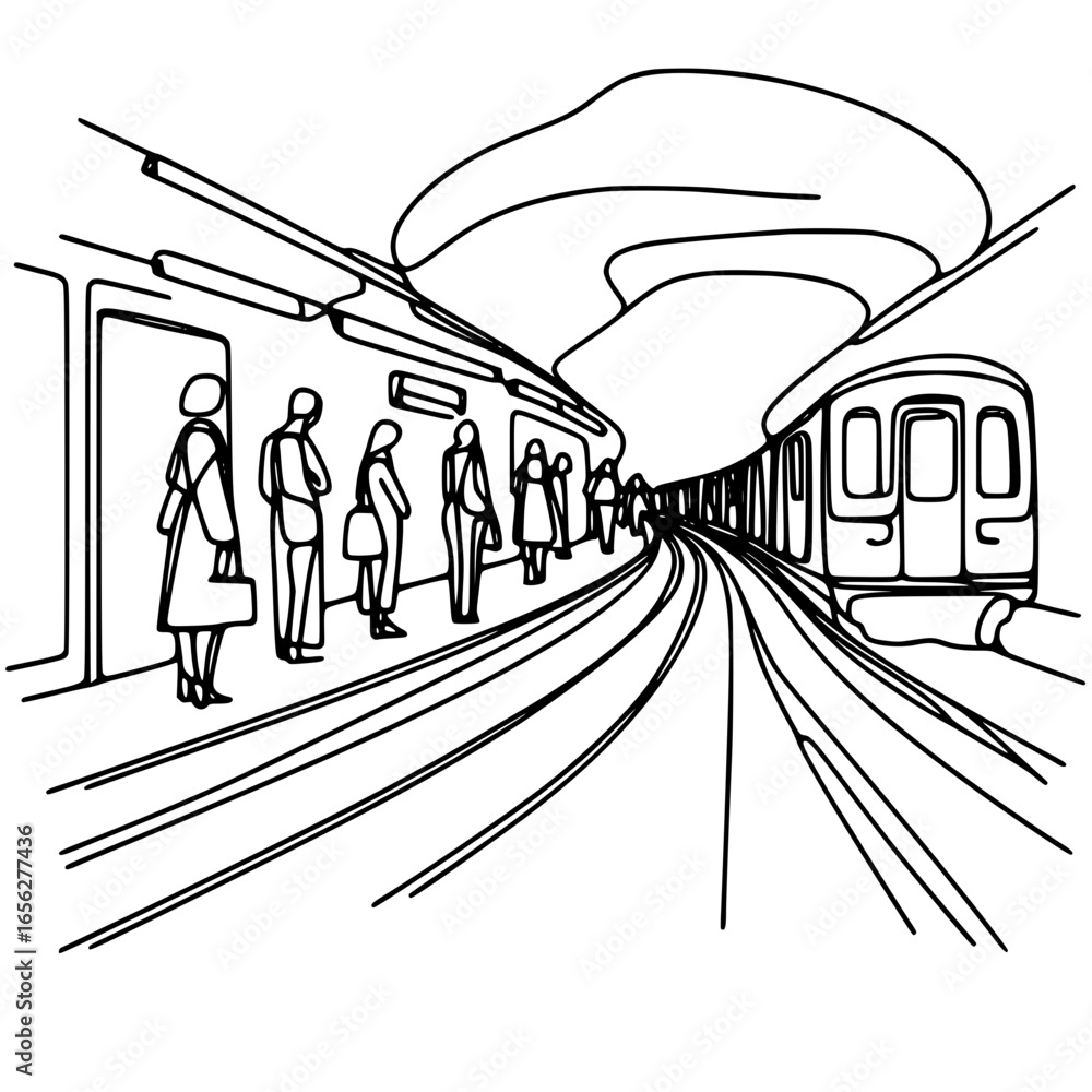 Poster people waiting at subway station in single line outline vector style