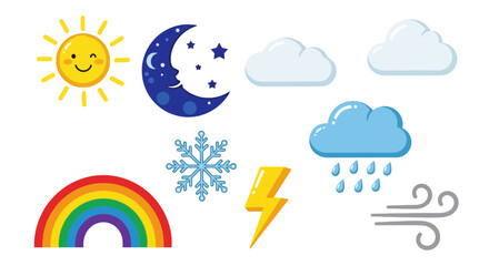 Obraz premium Weather Icon Set Depicting Various Conditions for Educational Materials and Forecasting Presentations, perfect for illustrating weather-related concepts, reports, or educational resources