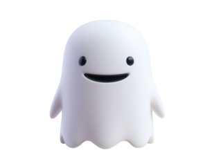 Adorable 3D white ghost character with a friendly smile glossy black eyes and a smooth matte finish.