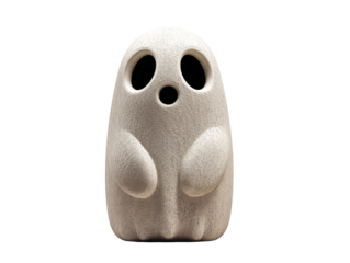 A charming textured ghost statuette with large hollow eyes and a surprised open-mouthed expression.
