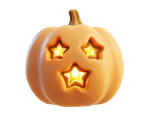 A cute orange Halloween jack-o-lantern with glowing star-shaped eyes and mouth.
