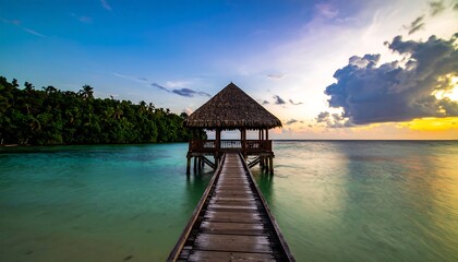 Tropical sunset over wooden pier