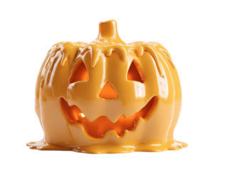 A glossy orange Jack-o-lantern with a unique melting effect illuminated from within and featuring a spooky carved smile.