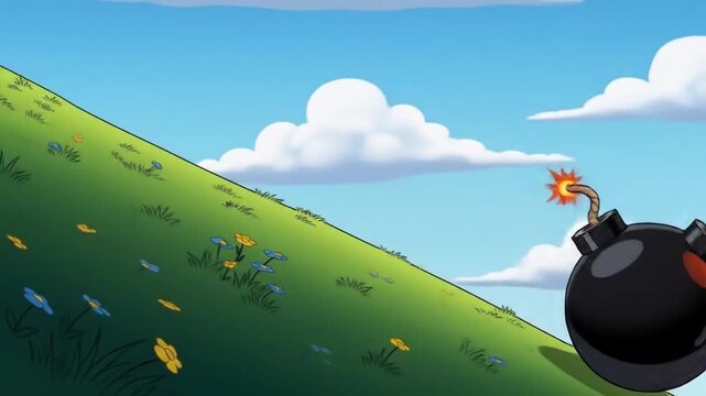 Cartoon Bomb Rolling Down Hill Explosive Dust Trail Animated Action.