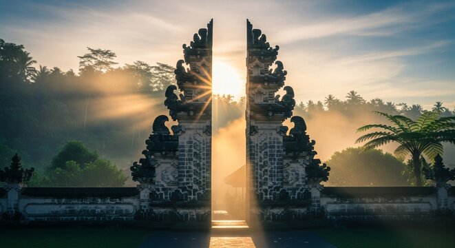 Golden sunburst and light beams shining through an ancient traditional stone gate at sunrise in a misty tropical jungle - Powered by Adobe