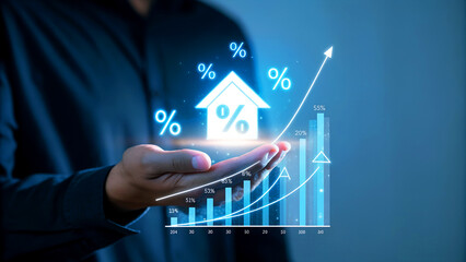 Smart investor showcases rising real estate profits and mortgage interest growth with glowing house...