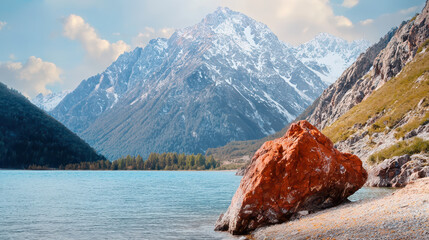 Majestic mountains rise above serene lake, with striking red rock in foreground. scene captures beauty of nature and tranquility