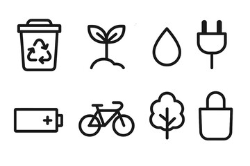 Assorted icons for environmental sustainability and green living, featuring recycling symbols, plant growth, water drops, power plugs, batteries, bicycles, trees, and locks, representing eco-friendly