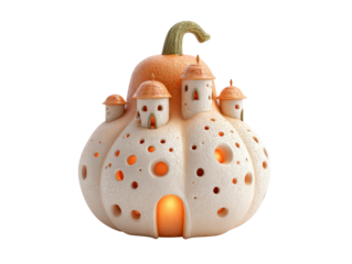 A whimsical ceramic pumpkin house lantern intricately carved into a fantasy castle with glowing windows and a crackled perforated texture.