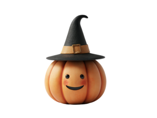 A charming clay-textured pumpkin character with a happy face wearing a black witch hat.