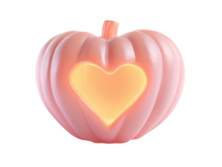A stylized pink pumpkin with a luminous warm yellow heart-shaped cutout.