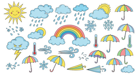 Diverse weather icon set featuring sun, clouds, rain, rainbow, wind, snow, and umbrellas, ideal for educational materials, weather forecasts, and children's illustrations.