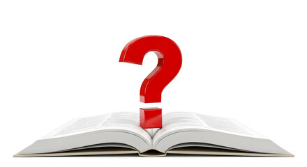 Red question mark rising from open book on white — curiosity, learning, research and knowledge quest concept