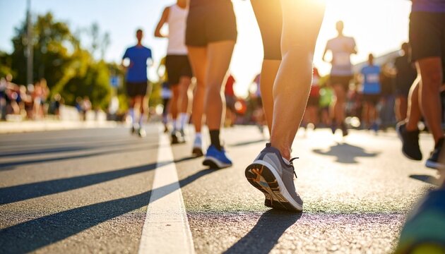 Legs of diverse runners moving forward during an outdoor marathon event at sunrise.