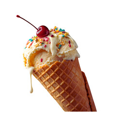 Creamy vanilla ice cream in a waffle cone with sprinkles and a cherry.
