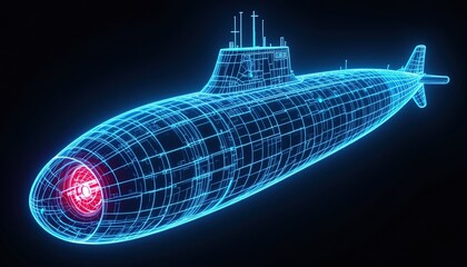 A glowing, detailed wireframe model of a submarine, showcasing its intricate internal structure in a vibrant blue light against a dark backdrop.
