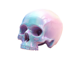 A stylized human skull with a glossy iridescent surface reflecting pastel colors.