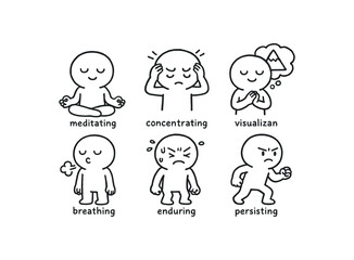 Fototapeta premium hand drawn cute doodle ink line art style line monochrome monochrome isolated on white background focused spirit (actions): meditating concentrating visualizing breathing enduring persisting