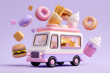 Playful food truck with delicious burgers, donuts, fries, and soft serve, perfect for advertising.