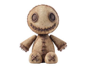 Creepy handmade burlap doll with stitched details and a wide unsettling smile.