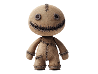 Creepy burlap sack doll with stitched button eyes and a wide sinister smiling mouth.