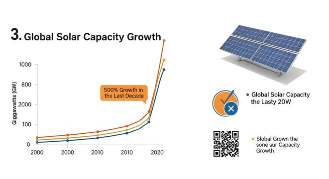 A presentation slide showing global solar capacity growth with a graph, solar panel illustration, and QR code. - Powered by Adobe