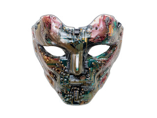 Translucent humanoid mask with intricate embedded circuit board patterns and electronic parts.