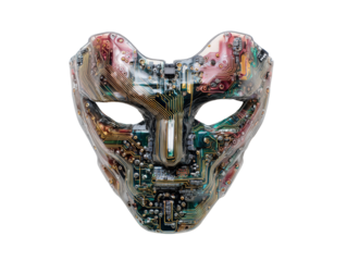 Translucent humanoid mask with intricate embedded circuit board patterns and electronic parts.