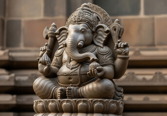 A beautiful, weathered stone statue of Lord Ganesha with intricate details, seated on a lotus base and set against an old temple wall.