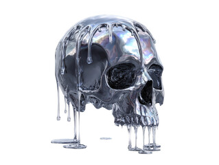 A surreal human skull made of reflective liquid chrome metal melting and dripping.