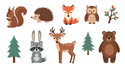Whimsical Woodland Animal Collection Featuring Cute Illustrations of Forest Creatures for Children's Books, Educational Resources, and Decorative Designs