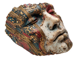 Weathered Cyberpunk Face with Intricate Gold Circuitry and Textured Skin.
