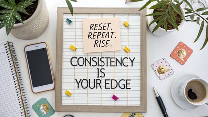 Motivational workspace arrangement featuring inspirational quotes and coffee