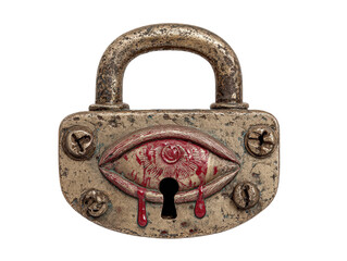 A surrealist weathered metal padlock featuring a carved weeping red eye symbol over the keyhole.