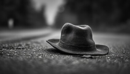 A black and white image of a hat on the ground