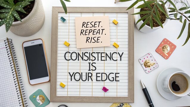 Motivational workspace arrangement featuring inspirational quotes and coffee